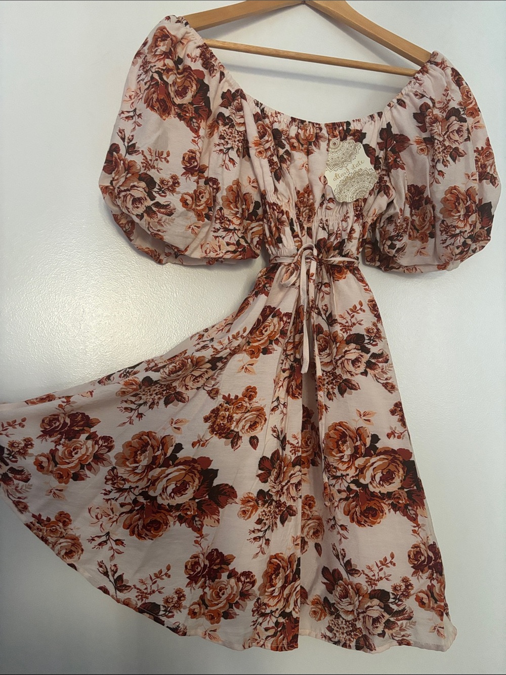 Altar'd State Pink and Brown Floral Off-Shoulder Midi Dress